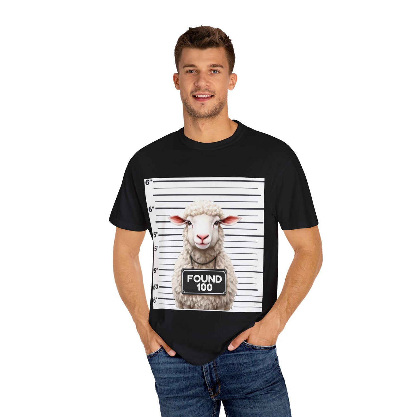 Funny Christian Tee – “Found 100” Sheep Graphic on Vintage-Dyed Cotton