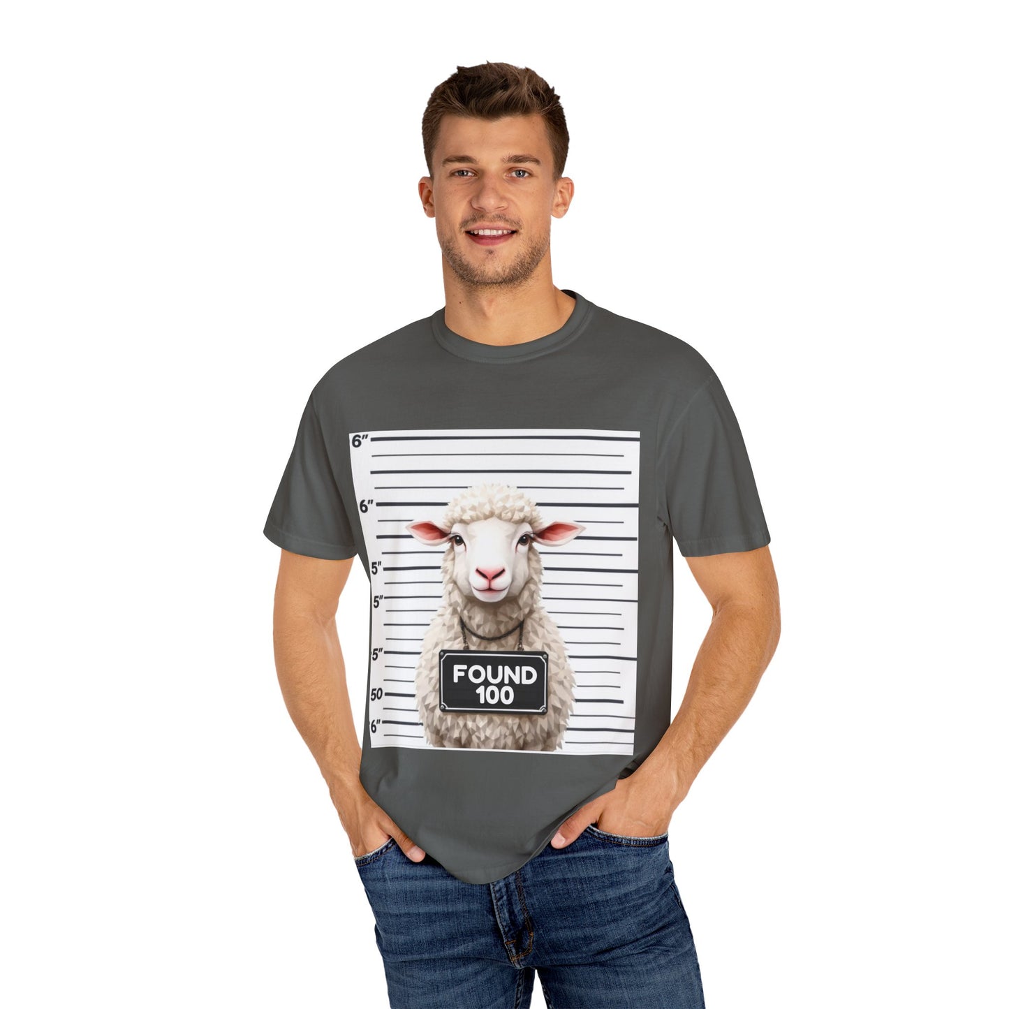 Funny Christian Tee – “Found 100” Sheep Graphic on Vintage-Dyed Cotton