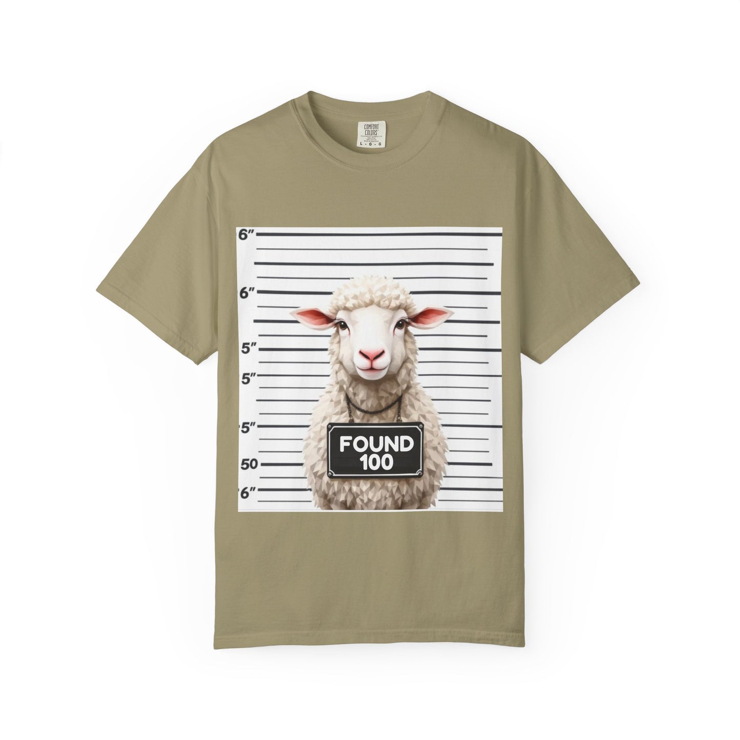 Funny Christian Tee – “Found 100” Sheep Graphic on Vintage-Dyed Cotton