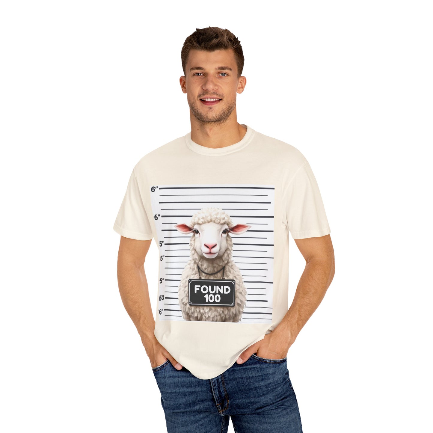 Funny Christian Tee – “Found 100” Sheep Graphic on Vintage-Dyed Cotton