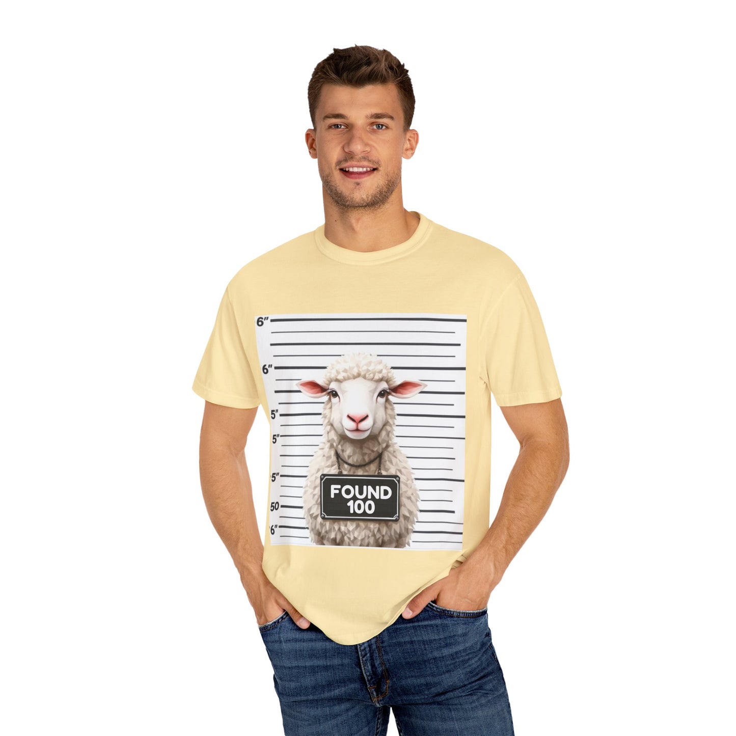 Funny Christian Tee – “Found 100” Sheep Graphic on Vintage-Dyed Cotton