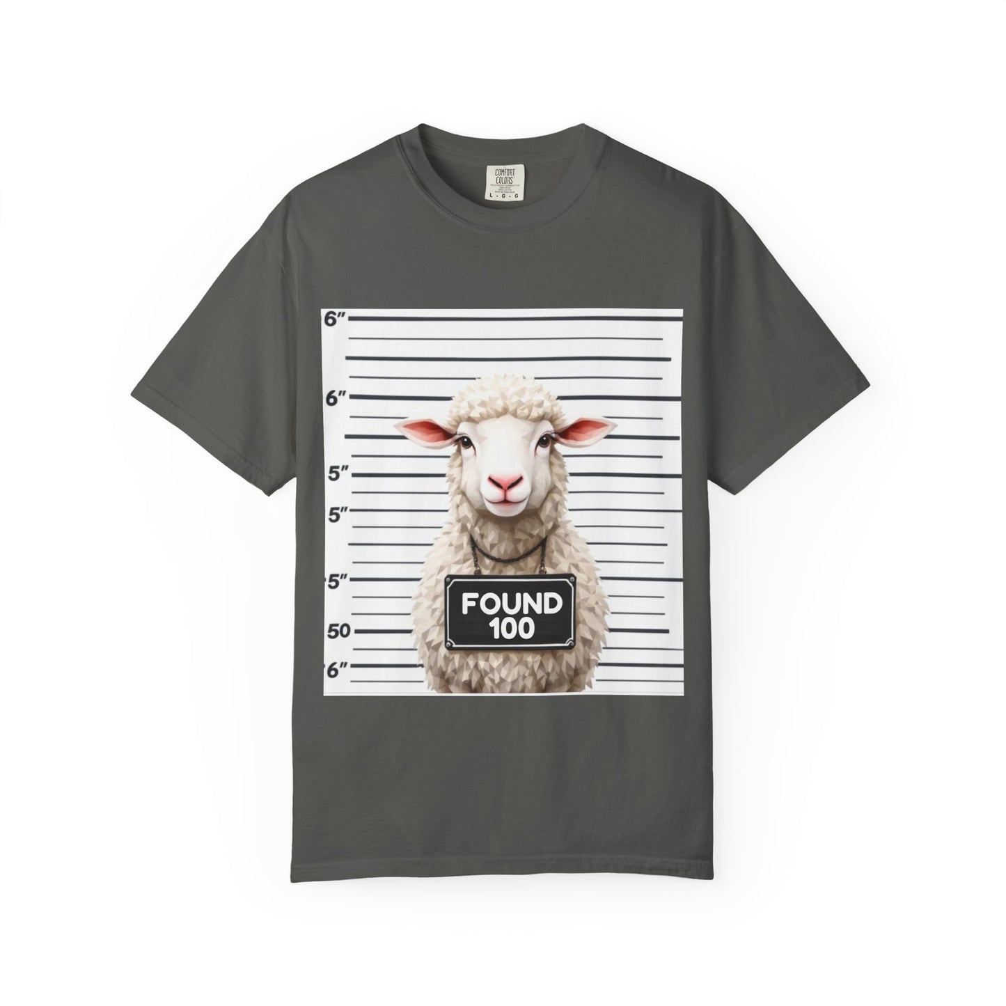 Funny Christian Tee – “Found 100” Sheep Graphic on Vintage-Dyed Cotton