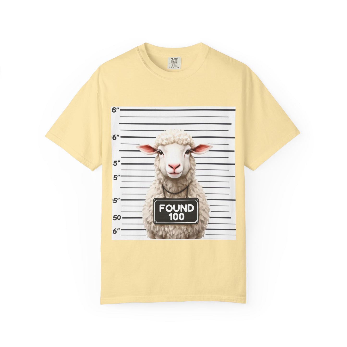Funny Christian Tee – “Found 100” Sheep Graphic on Vintage-Dyed Cotton