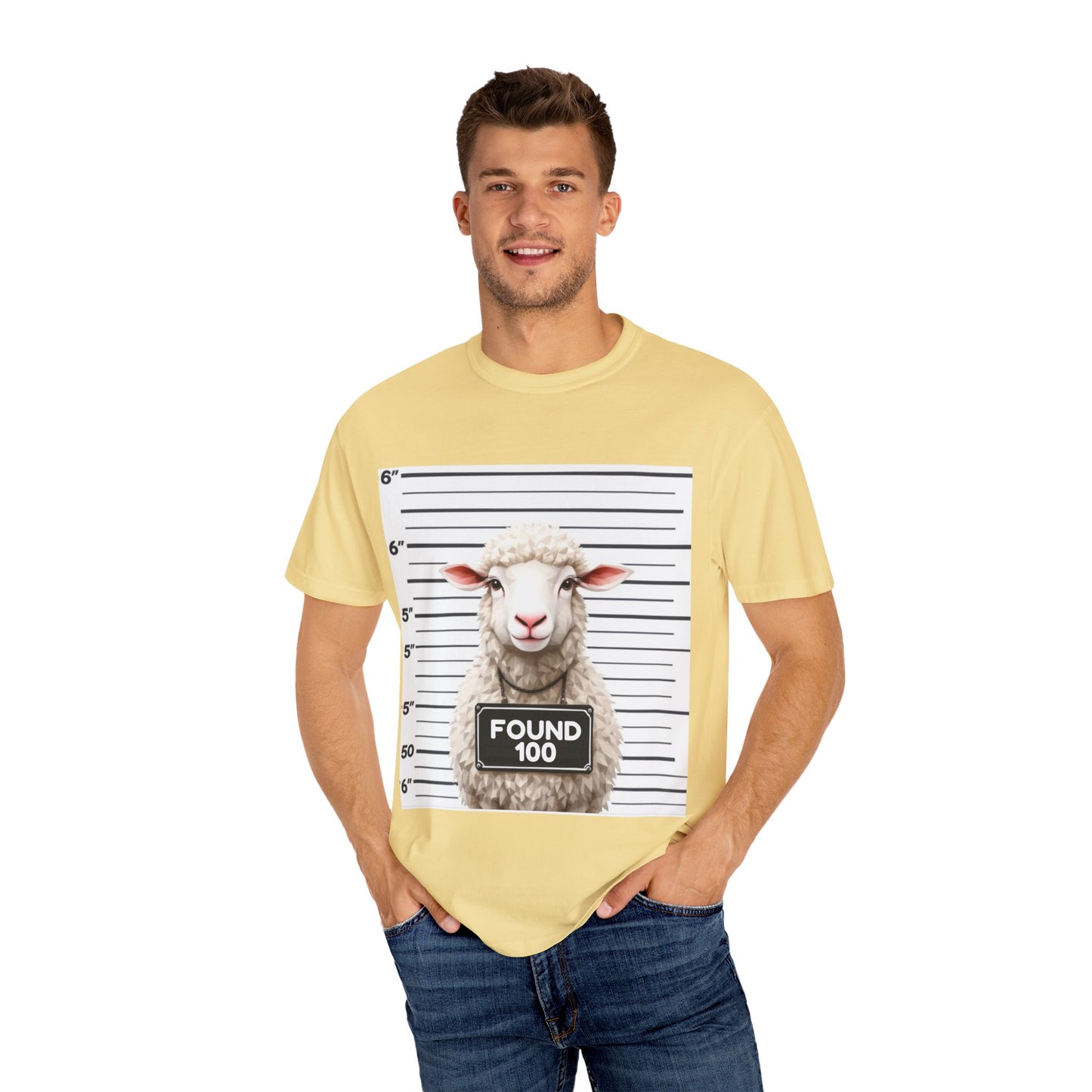 Funny Christian Tee – “Found 100” Sheep Graphic on Vintage-Dyed Cotton