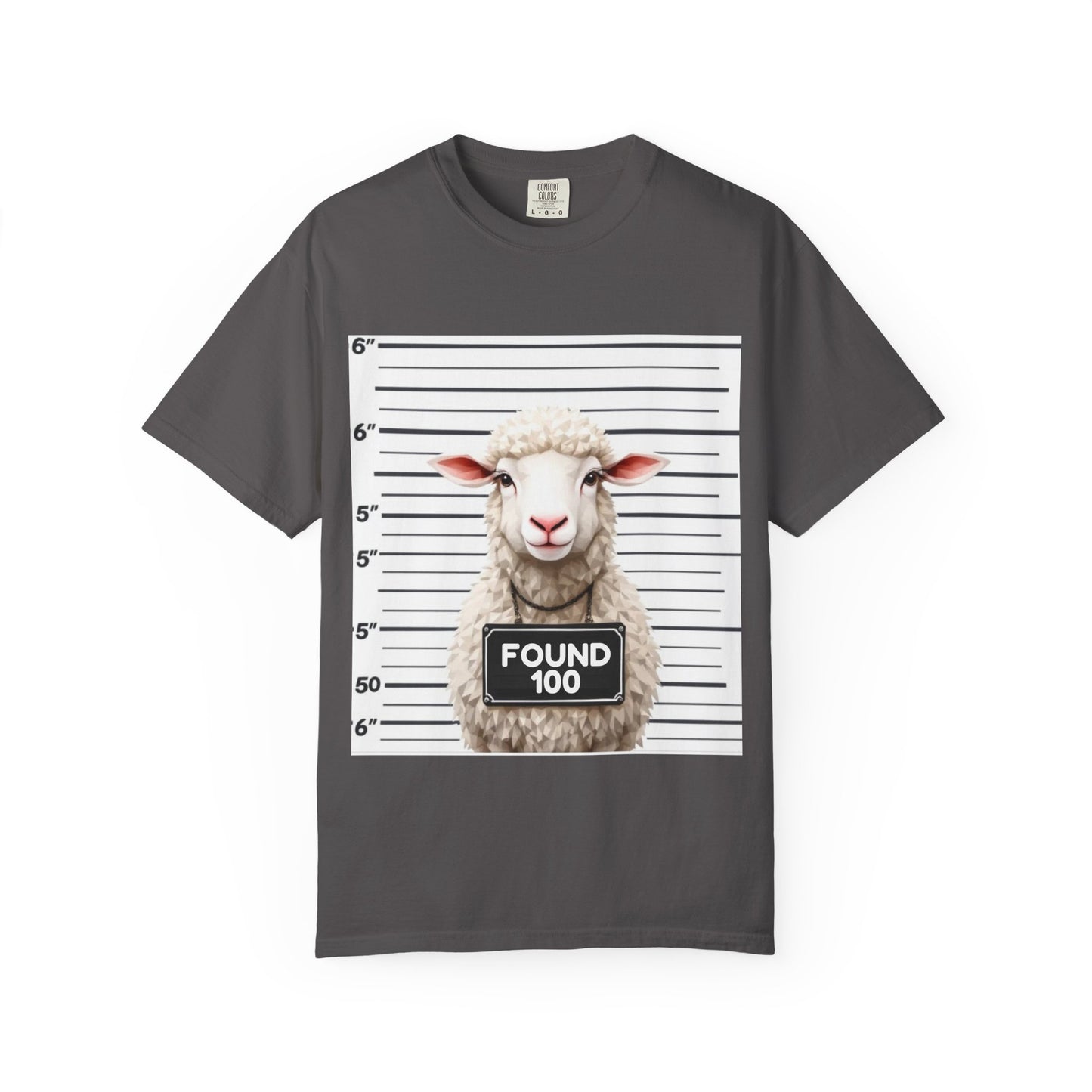 Funny Christian Tee – “Found 100” Sheep Graphic on Vintage-Dyed Cotton