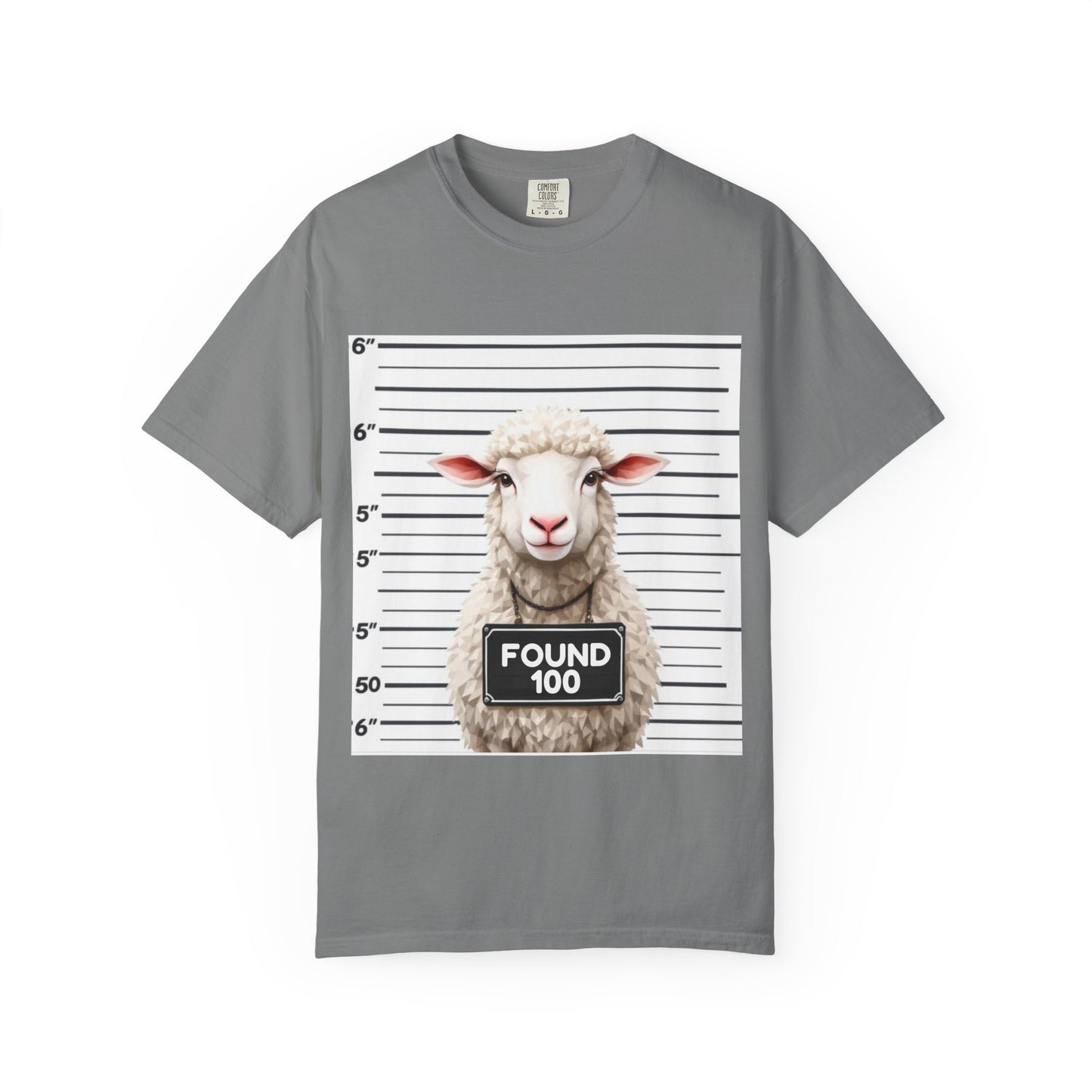 Funny Christian Tee – “Found 100” Sheep Graphic on Vintage-Dyed Cotton