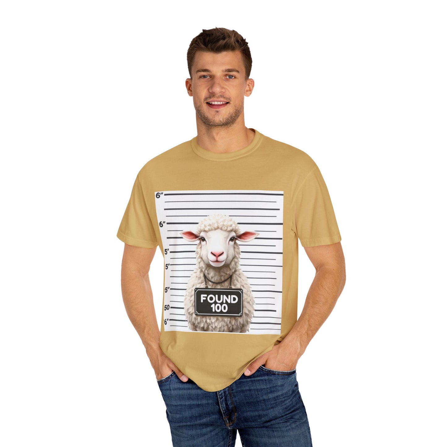 Funny Christian Tee – “Found 100” Sheep Graphic on Vintage-Dyed Cotton