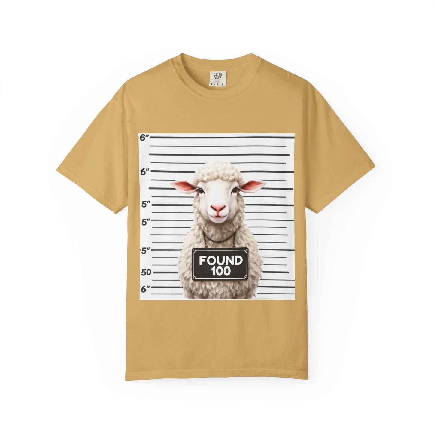 Funny Christian Tee – “Found 100” Sheep Graphic on Vintage-Dyed Cotton