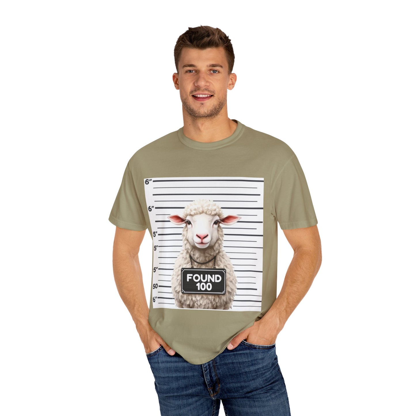 Funny Christian Tee – “Found 100” Sheep Graphic on Vintage-Dyed Cotton