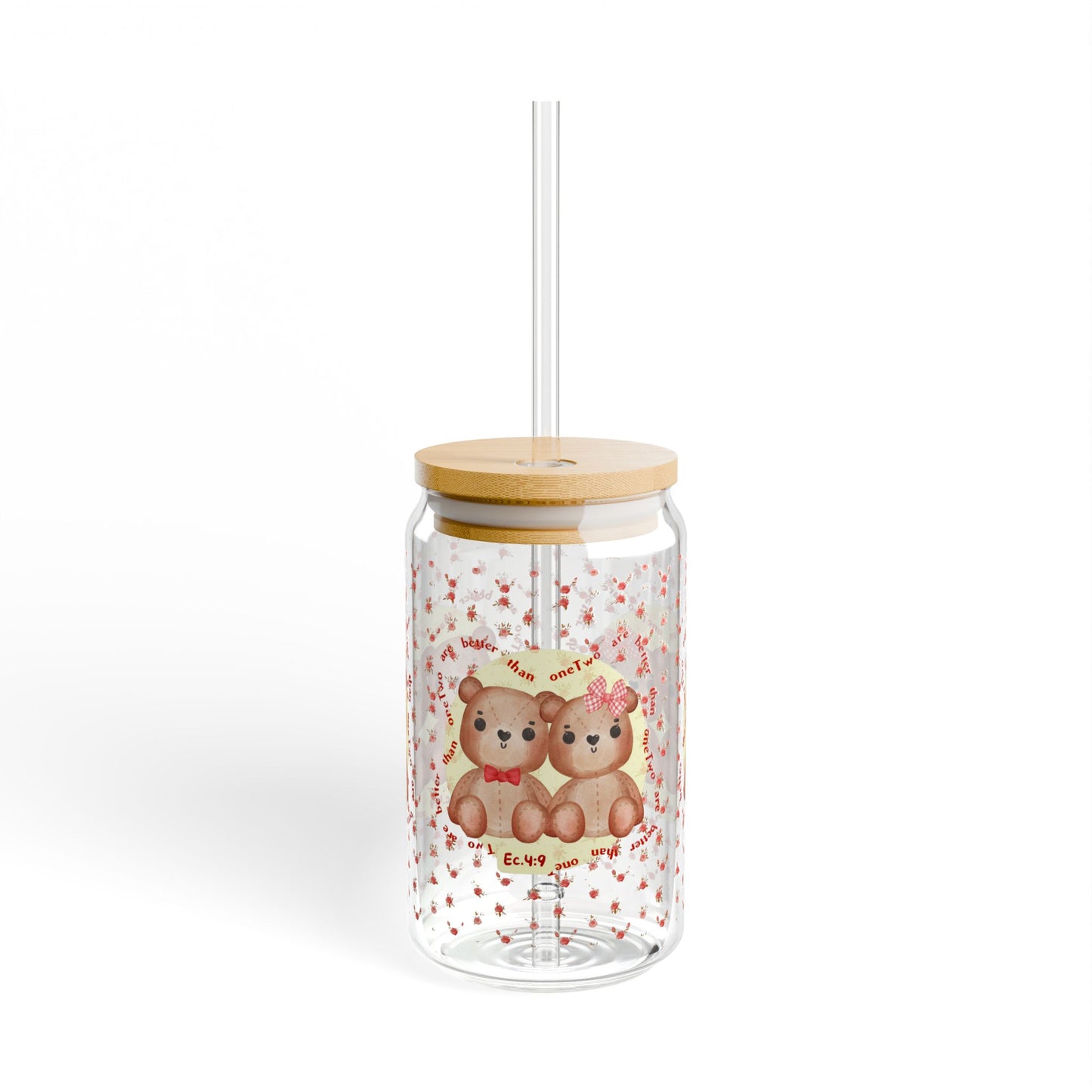 Teddy Bears & Flowers Sipper Glass – Inspired by Ecclesiastes 4:9 🧸🌸🥤