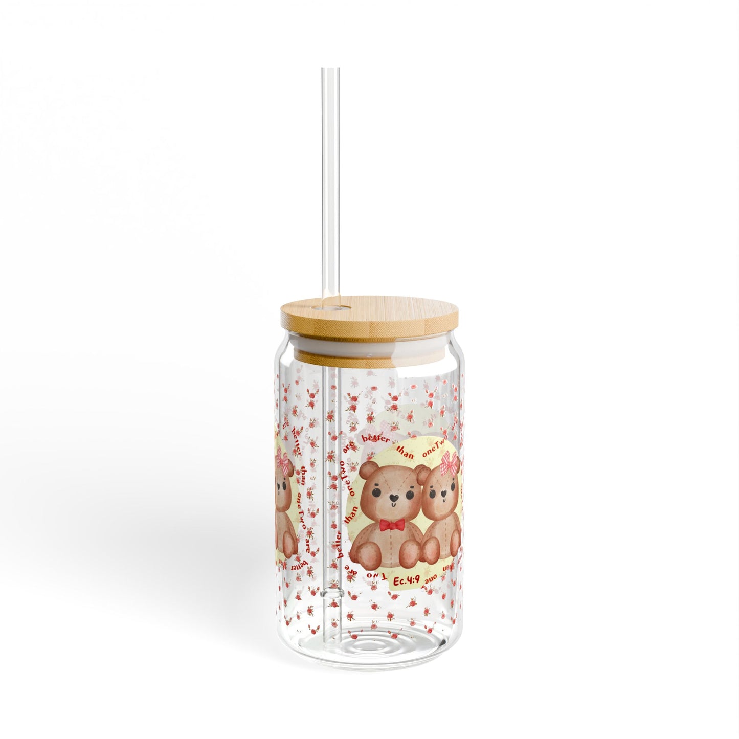 Teddy Bears & Flowers Sipper Glass – Inspired by Ecclesiastes 4:9 🧸🌸🥤