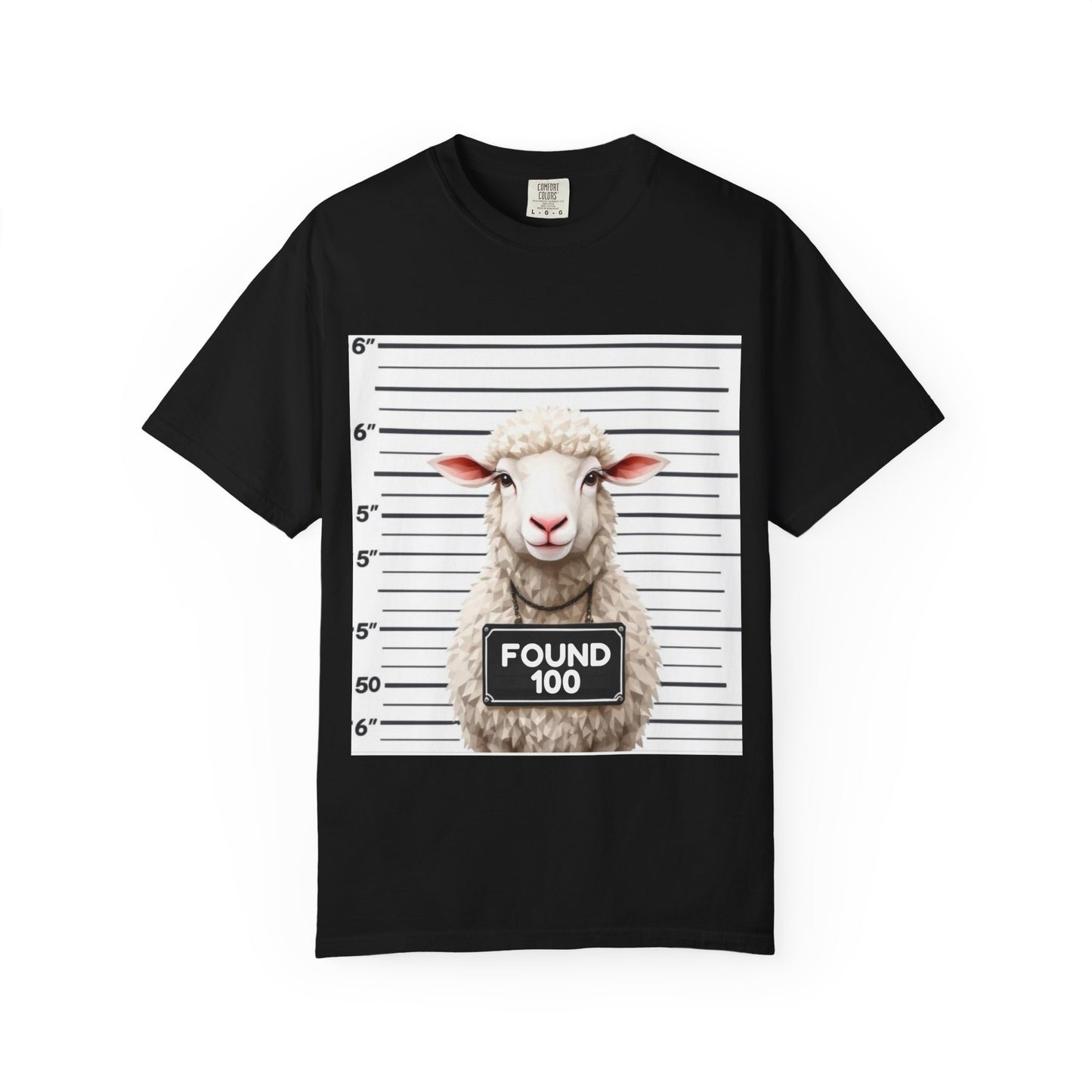 Funny Christian Tee – “Found 100” Sheep Graphic on Vintage-Dyed Cotton