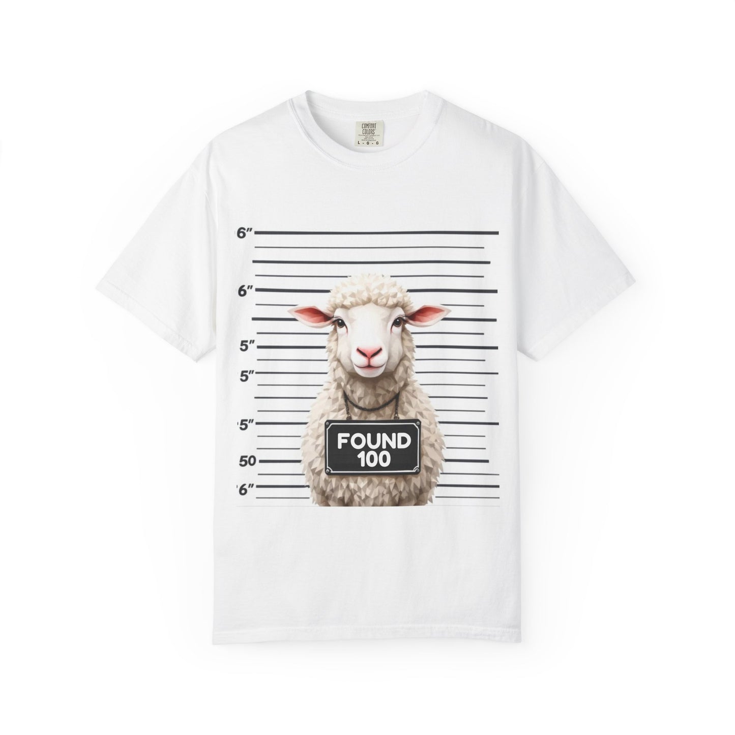 Funny Christian Tee – “Found 100” Sheep Graphic on Vintage-Dyed Cotton