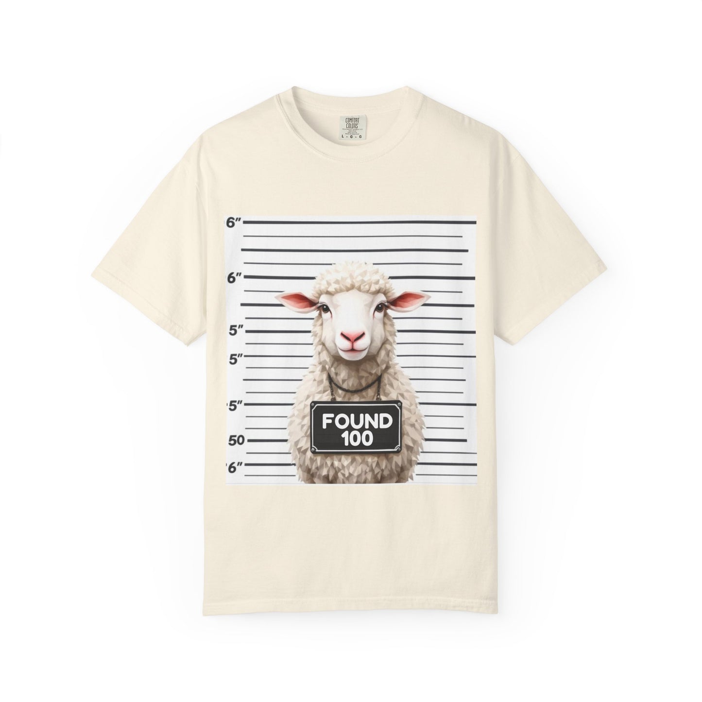 Funny Christian Tee – “Found 100” Sheep Graphic on Vintage-Dyed Cotton