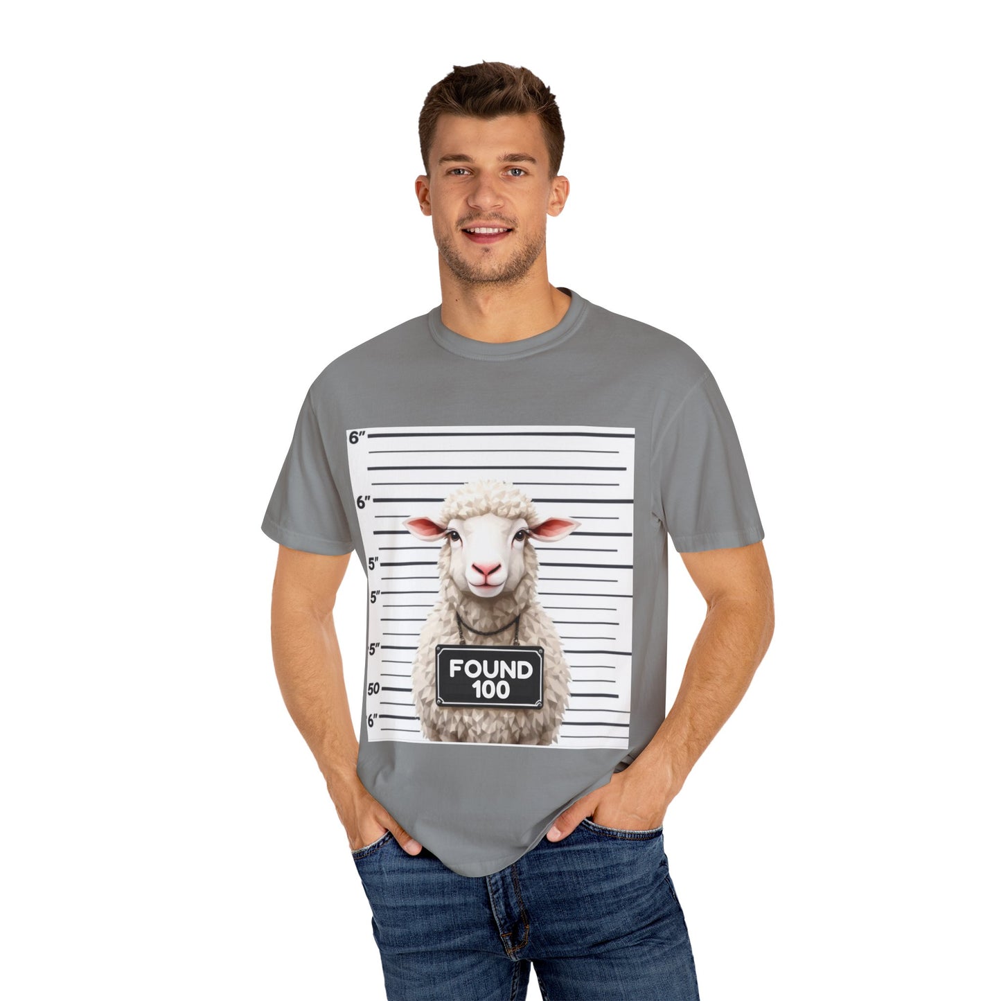 Funny Christian Tee – “Found 100” Sheep Graphic on Vintage-Dyed Cotton