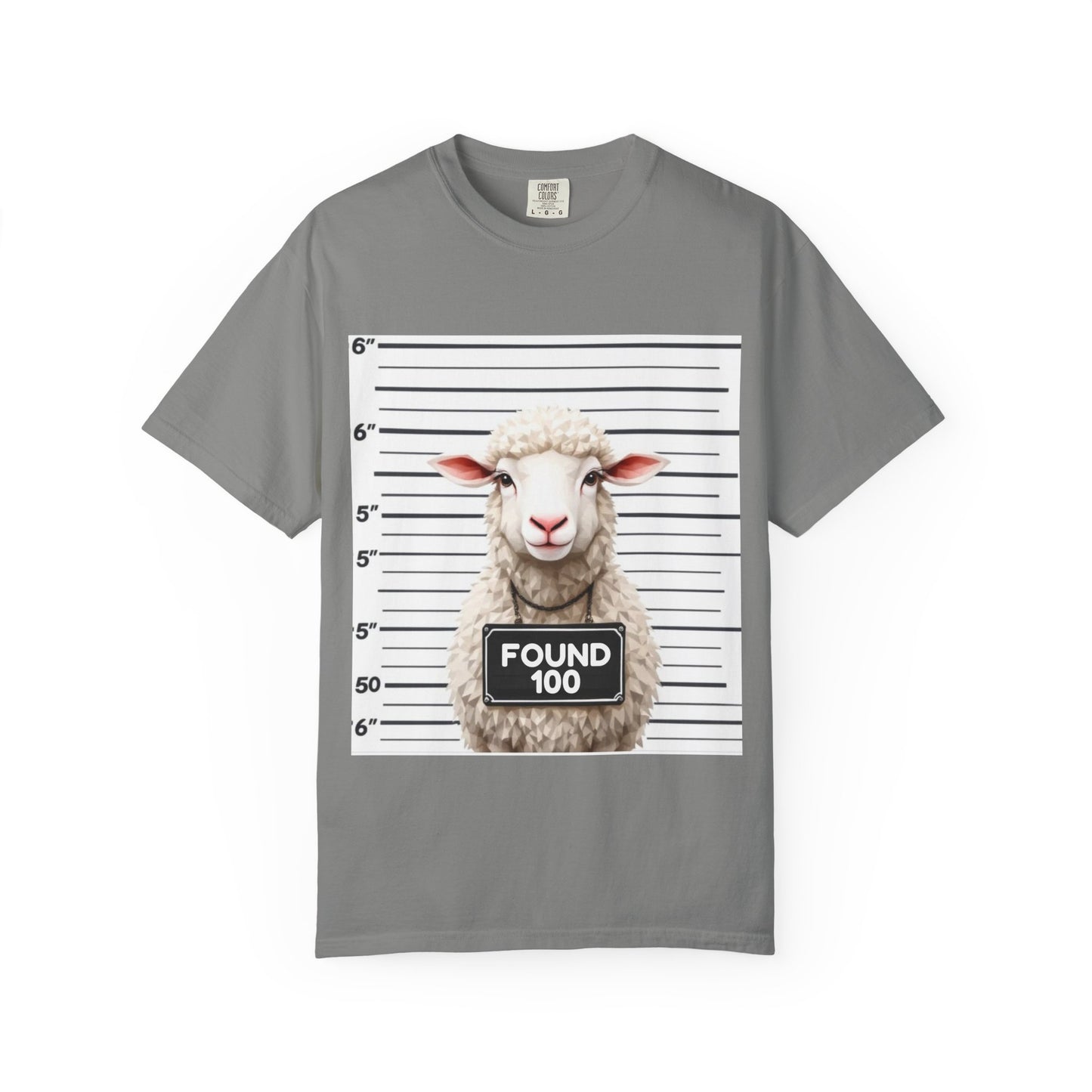 Funny Christian Tee – “Found 100” Sheep Graphic on Vintage-Dyed Cotton